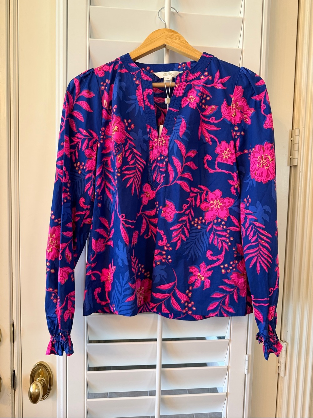 Lilly Pulitzer Bright  Floral Split-Neck Blouse - Navy & Hot Pink